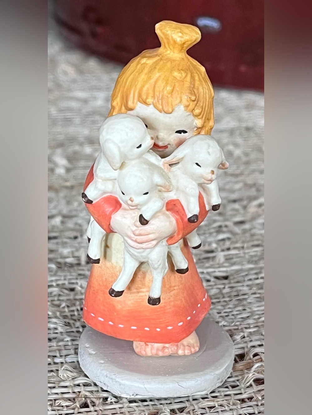 Vintage Anri Fernandez Girl with Lambs Figurine Italy 3” Wood
